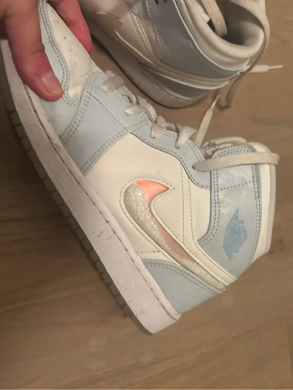 Baby Blue and White High-Top Sneakers with Chrome Swoosh